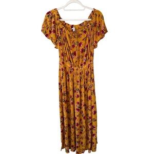 Patrons of Peace Mustard Floral Midi Dress Size S Cottagecore Boho Festival